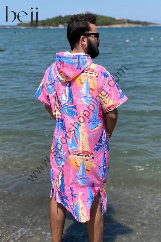 Sörf Yazlık Panço Kapşonlu Bornoz Plaj Havlusu (LIVE FREE) Summer (pembe)