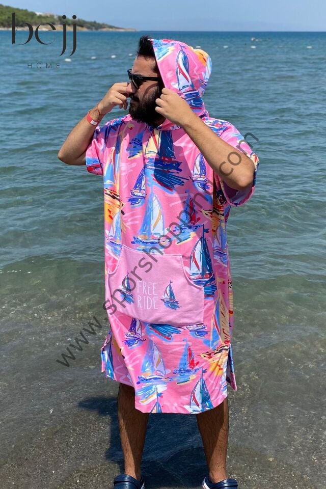 Sörf Yazlık Panço Kapşonlu Bornoz Plaj Havlusu (LIVE FREE) Summer (pembe)