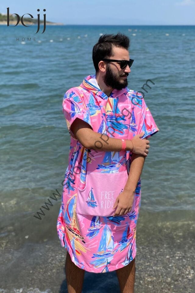 Sörf Yazlık Panço Kapşonlu Bornoz Plaj Havlusu (LIVE FREE) Summer (pembe)