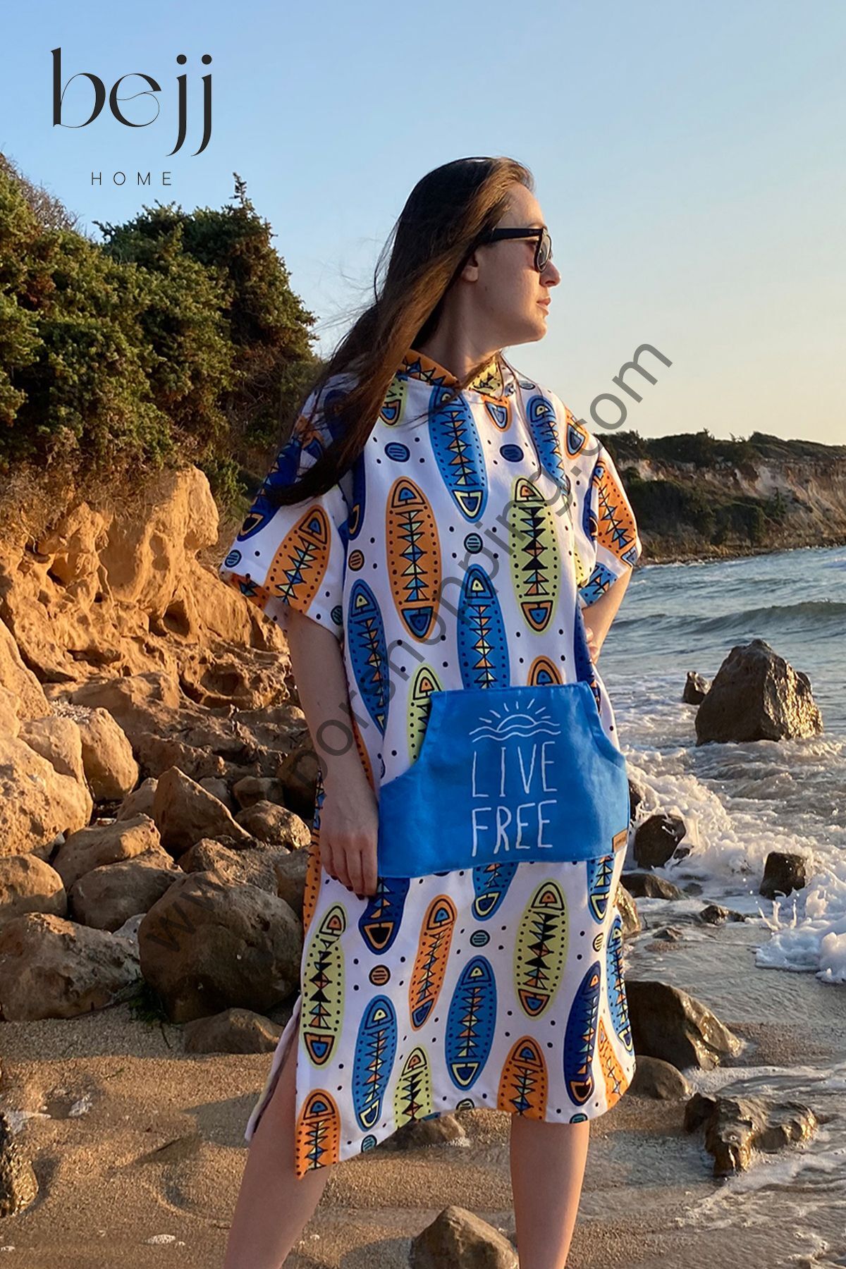 Sörf Yazlık Panço Kapşonlu Bornoz Plaj Havlusu (LIVE FREE) Summer (mavi beyaz)