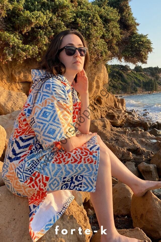 Sörf Yazlık Panço Kapşonlu Bornoz Plaj Havlusu (LIVE FREE) Summer (turuncu desenli)