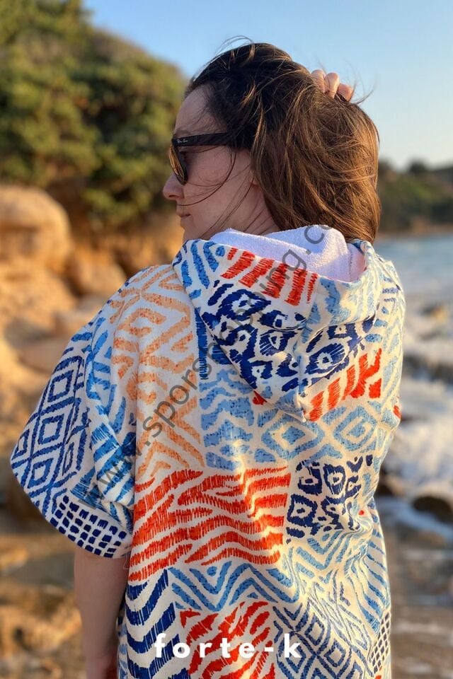 Sörf Yazlık Panço Kapşonlu Bornoz Plaj Havlusu (LIVE FREE) Summer (turuncu desenli)