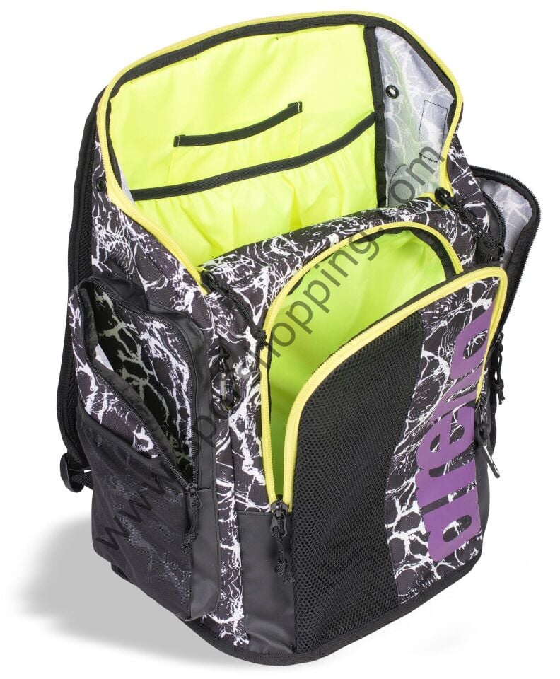 Arena Spiky III Backpack 45L Yüzücü Sırt Çantası – Siyah/Beyaz Desenli (Mor Logo)  006272131